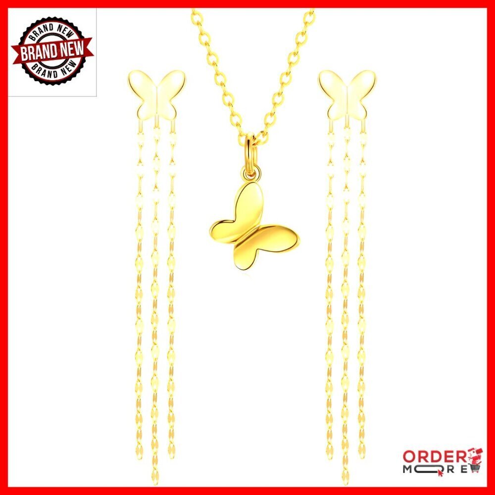 14k Gold Butterfly Necklace and Tassel Earrings Set, Women's Jewelry Gift